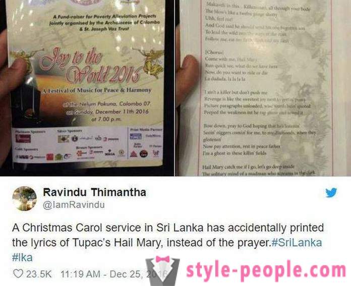 У Шри Ланки, црквене парохијани дистрибуира брошуре са текстом песме репер уместо молитве